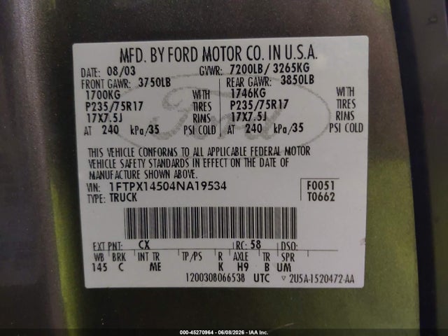 Aukcja sprzedaży 2004 Ford F-150 Fx4/lariat/xl/xlt, vin: 1FTPX14504NA19534, numer aukcji: 45270964