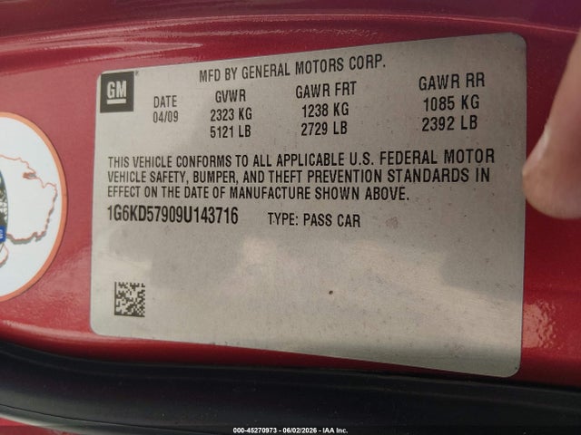 45270973 :رقم المزاد ، 1G6KD57909U143716 vin ، 2009 Cadillac Dts 1se مزاد بيع