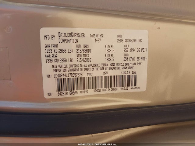 Продаж на аукціоні авто 2007 Dodge Grand Caravan Sxt, vin: 2D4GP44L17R357678, номер лоту: 45270977