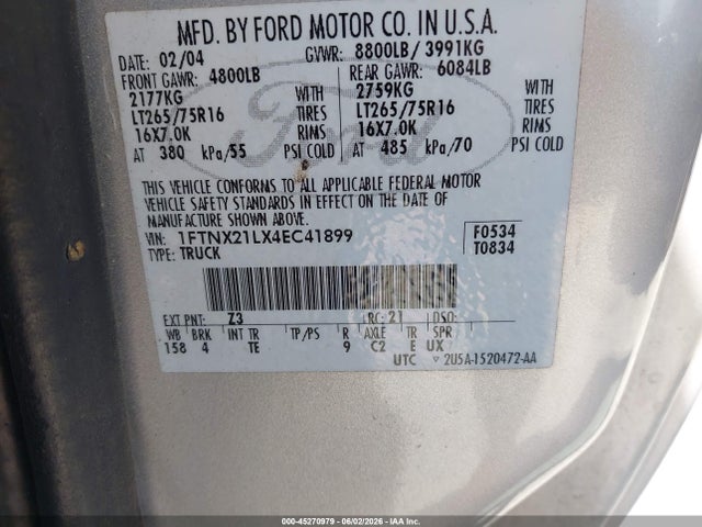 45270979 :رقم المزاد ، 1FTNX21LX4EC41899 vin ، 2004 Ford F-250 Lariat/xl/xlt مزاد بيع