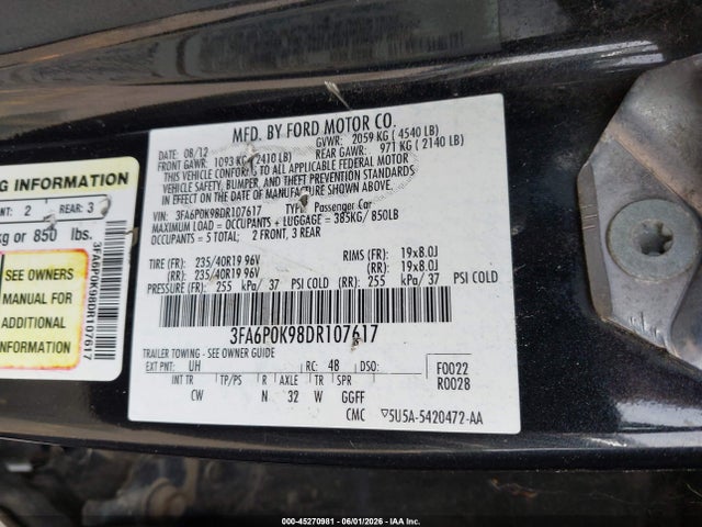 Aukcja sprzedaży 2013 Ford Fusion Titanium, vin: 3FA6P0K98DR107617, numer aukcji: 45270981