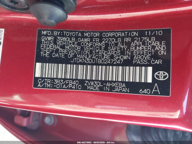 Auction sale of the 2011 Toyota Prius Two, vin: JTDKN3DU1B0247247, lot number: 45270992
