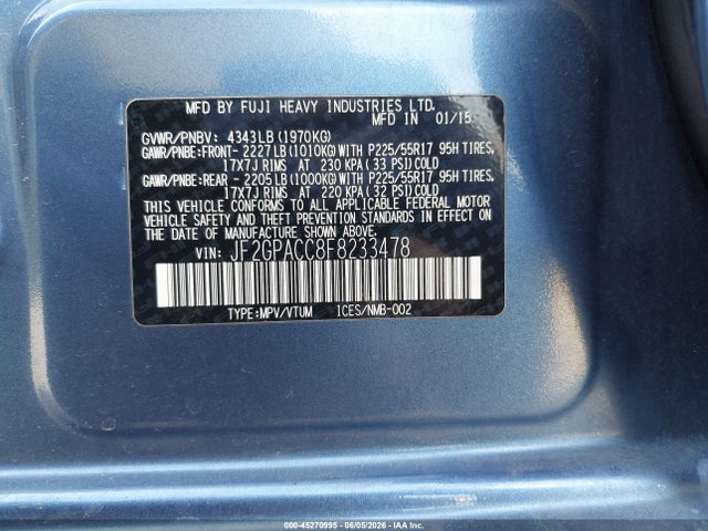 2015 Subaru Xv Crosstrek 2.0i Premium მანქანა იყიდება აუქციონზე, vin: JF2GPACC8F8233478, აუქციონის ნომერი: 45270995