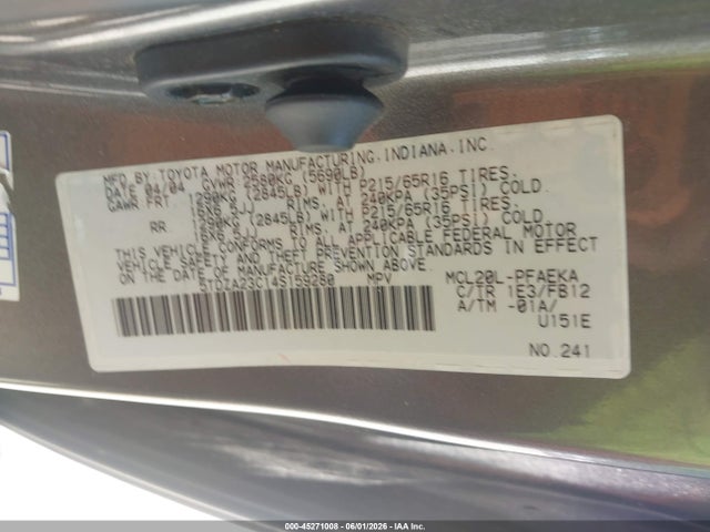 Aukcja sprzedaży 2004 Toyota Sienna Le, vin: 5TDZA23C14S159280, numer aukcji: 45271008