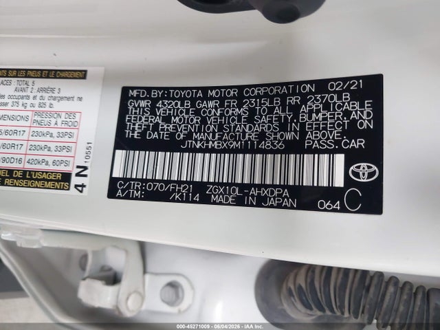 Aukcja sprzedaży 2021 Toyota C-hr Le, vin: JTNKHMBX9M1114836, numer aukcji: 45271009
