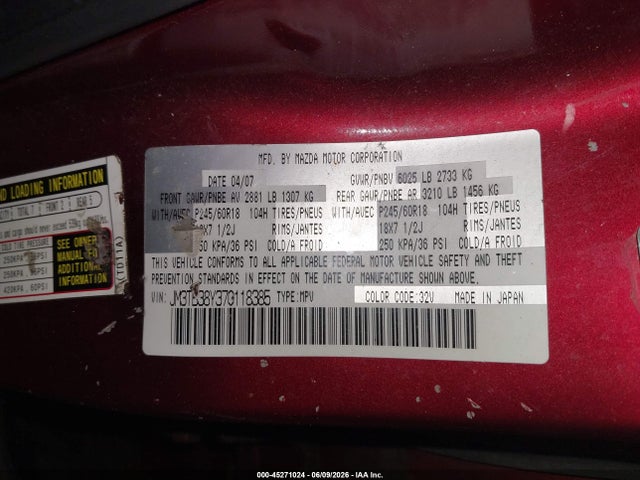 45271024 :رقم المزاد ، JM3TB38Y370118385 vin ، 2007 Mazda Cx-9 Sport مزاد بيع