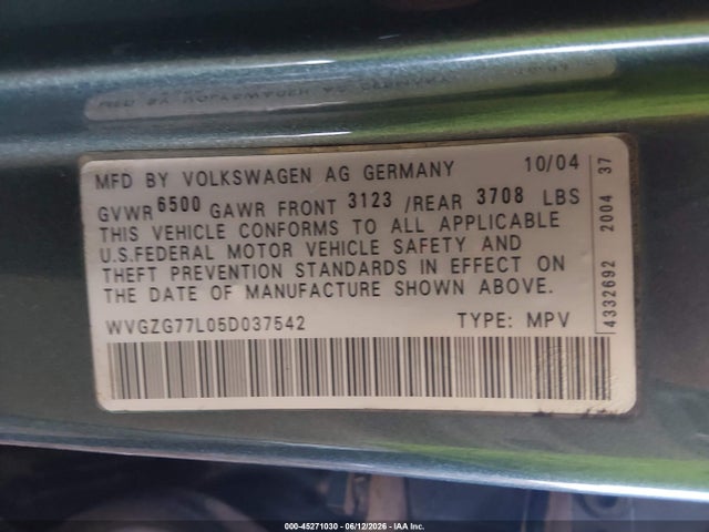 Aukcja sprzedaży 2005 Volkswagen Touareg V6/v6 (a6), vin: WVGZG77L05D037542, numer aukcji: 45271030