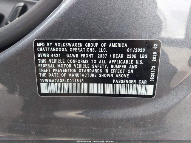 Aukcja sprzedaży 2020 Volkswagen Passat 2.0t R-line, vin: 1VWMA7A38LC011618, numer aukcji: 45271038