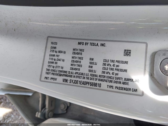 Aukcja sprzedaży 2023 Tesla Model 3 Rear-wheel Drive, vin: 5YJ3E1EA0PF669810, numer aukcji: 45271040