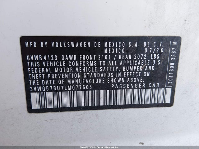 Продаж на аукціоні авто 2020 Volkswagen Jetta 1.4t Sel Premium, vin: 3VWG57BU7LM077505, номер лоту: 45271052