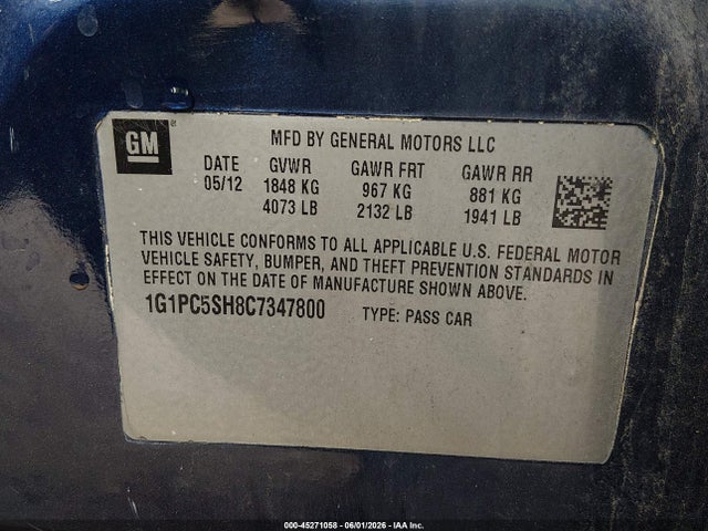 45271058 :رقم المزاد ، 1G1PC5SH8C7347800 vin ، 2012 Chevrolet Cruze Ls مزاد بيع