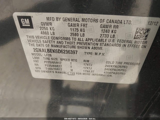 45271072 :رقم المزاد ، 2GNALBEK6D6236397 vin ، 2013 Chevrolet Equinox Ls مزاد بيع