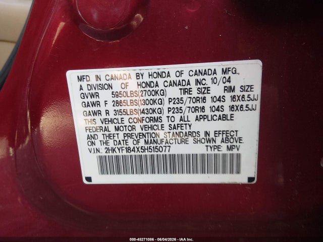 Продаж на аукціоні авто 2005 Honda Pilot Ex, vin: 2HKYF184X5H515077, номер лоту: 45271086