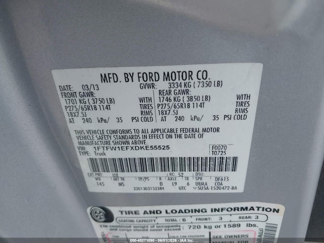 45271090 :رقم المزاد ، 1FTFW1EFXDKE55525 vin ، 2013 Ford F-150 Xlt مزاد بيع