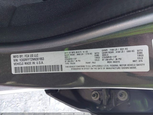 Aukcja sprzedaży 2022 Ram 1500 Big Horn  4x4 5'7 Box, vin: 1C6SRFFT2NN381953, numer aukcji: 45271111