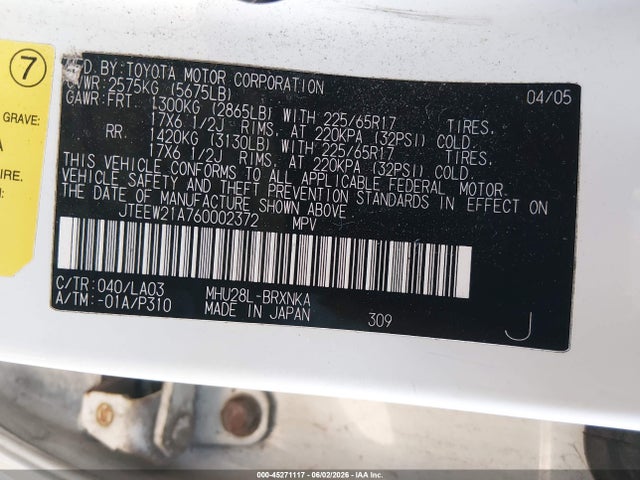 45271117 :رقم المزاد ، JTEEW21A760002372 vin ، 2006 Toyota Highlander Hybrid Limited V6 مزاد بيع