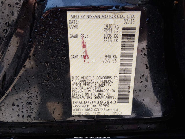 Aukcja sprzedaży 2015 Nissan Altima 2.5 S, vin: 1N4AL3AP2FN395843, numer aukcji: 45271121
