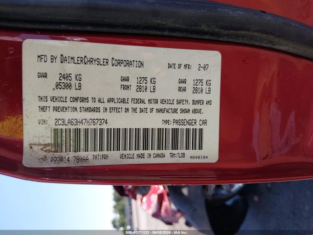Продаж на аукціоні авто 2007 Chrysler 300c, vin: 2C3LA63H47H767374, номер лоту: 45271122