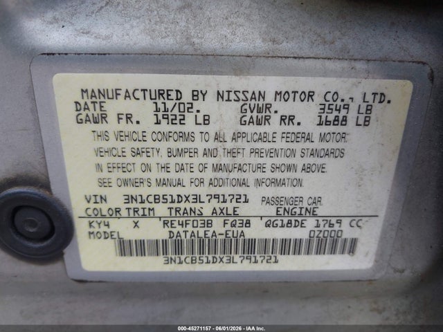 2003 Nissan Sentra Gxe მანქანა იყიდება აუქციონზე, vin: 3N1CB51DX3L791721, აუქციონის ნომერი: 45271157