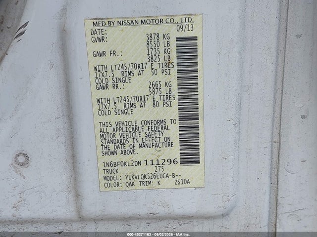 Продаж на аукціоні авто 2013 Nissan Nv Cargo Nv1500 S V6, vin: 1N6BF0KL2DN111296, номер лоту: 45271163