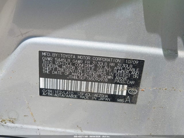 Aukcja sprzedaży 2010 Lexus Ls 460, vin: JTHBL5EF7A5092978, numer aukcji: 45271169