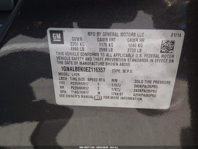 Продаж на аукціоні авто 2014 Chevrolet Equinox 1lt, vin: 1GNALBEK0EZ116357, номер лоту: 45271180