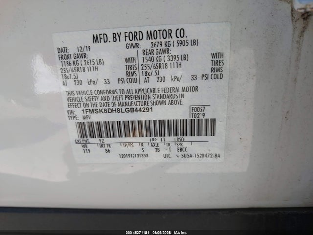 45271181 :رقم المزاد ، 1FMSK8DH8LGB44291 vin ، 2020 Ford Explorer Xlt مزاد بيع