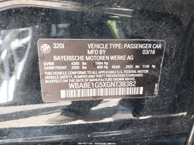 Продаж на аукціоні авто 2016 Bmw 320i, vin: WBA8E1G5XGNT38382, номер лоту: 45271184