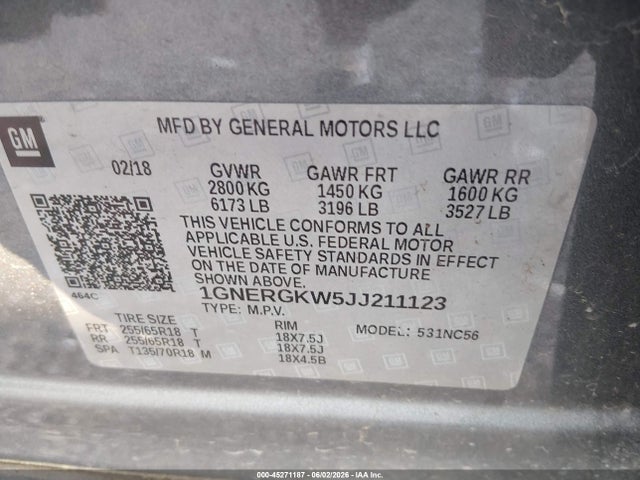 1GNERGKW5JJ211123 Chevrolet Traverse 1lt