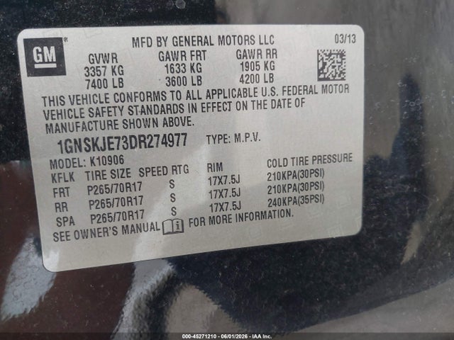 Продаж на аукціоні авто 2013 Chevrolet Suburban 1500 Lt, vin: 1GNSKJE73DR274977, номер лоту: 45271210