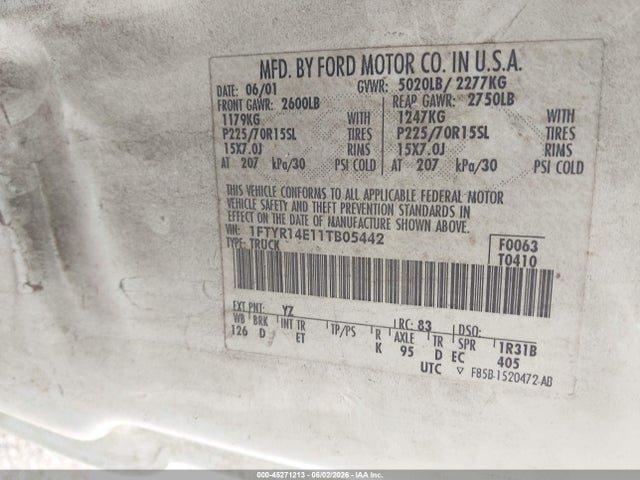 Aukcja sprzedaży 2001 Ford Ranger Edge/xlt, vin: 1FTYR14E11TB05442, numer aukcji: 45271213