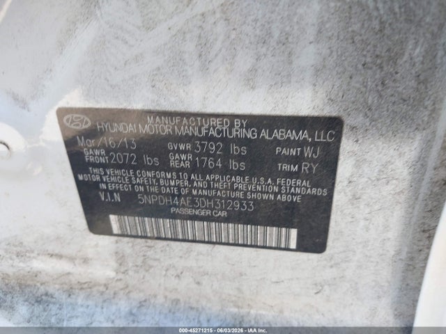 Продажа на аукционе авто 2013 Hyundai Elantra Limited, vin: 5NPDH4AE3DH312933, номер лота: 45271215