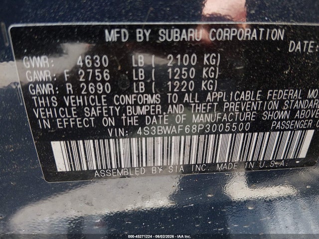 45271224 :رقم المزاد ، 4S3BWAF68P3005500 vin ، 2023 Subaru Legacy Premium مزاد بيع