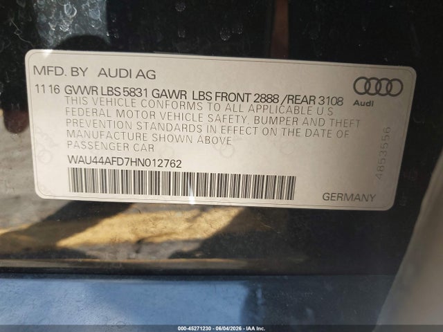 2017 Audi A8 L 3.0t მანქანა იყიდება აუქციონზე, vin: WAU44AFD7HN012762, აუქციონის ნომერი: 45271230