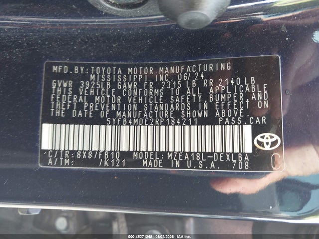 Продаж на аукціоні авто 2024 Toyota Corolla Le, vin: 5YFB4MDE2RP184211, номер лоту: 45271248