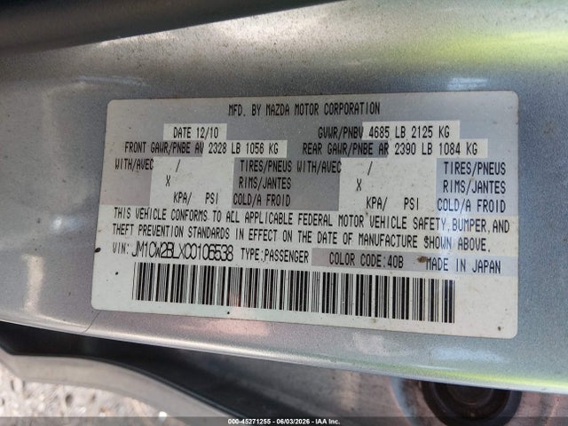 45271255 :رقم المزاد ، JM1CW2BLXC0106538 vin ، 2012 Mazda Mazda5 Sport مزاد بيع