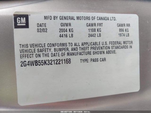 Aukcja sprzedaży 2002 Buick Regal Ls, vin: 2G4WB55K321221168, numer aukcji: 45271258
