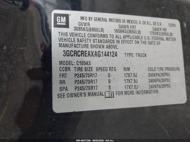 45271266 :رقم المزاد ، 3GCRCREAXAG144124 vin ، 2010 Chevrolet Silverado 1500 Ls مزاد بيع