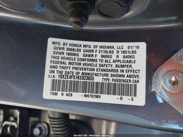 Продажа на аукционе авто 2019 Honda Insight Ex, vin: 19XZE4F51KE023655, номер лота: 45271298