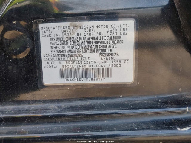 Aukcja sprzedaży 2021 Nissan Versa Sv Xtronic Cvt, vin: 3N1CN8EV4ML883937, numer aukcji: 45271299