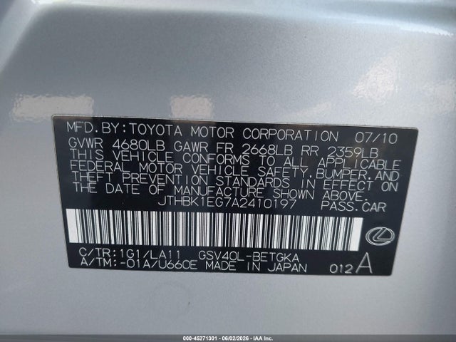 45271301 :رقم المزاد ، JTHBK1EG7A2410197 vin ، 2010 Lexus Es 350 مزاد بيع