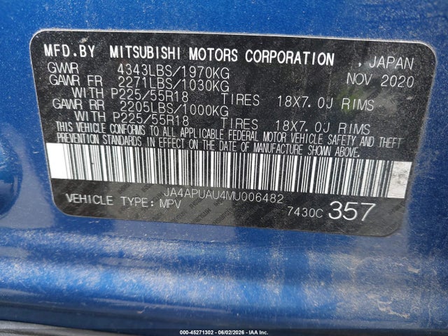 Aukcja sprzedaży 2021 Mitsubishi Outlander Sport 2.0 Be 2wd/2.0 Es 2wd/2.0 Le 2wd/2.0 S 2wd, vin: JA4APUAU4MU006482, numer aukcji: 45271302