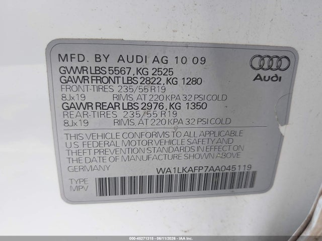 Auction sale of the 2010 Audi Q5 3.2 Premium, vin: WA1LKAFP7AA045119, lot number: 45271315