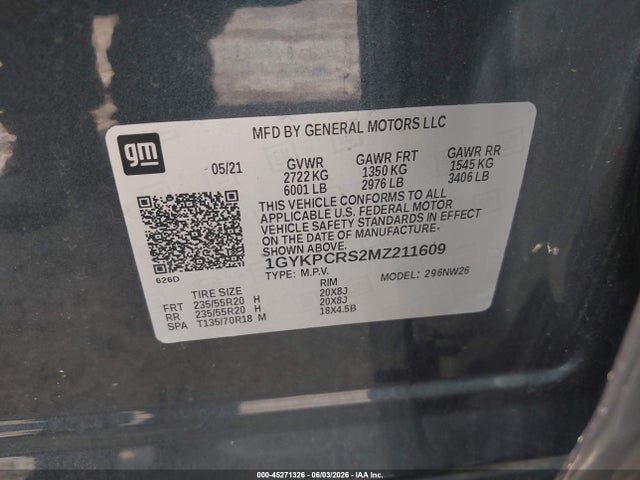 45271326 :رقم المزاد ، 1GYKPCRS2MZ211609 vin ، 2021 Cadillac Xt6 Fwd Premium Luxury مزاد بيع