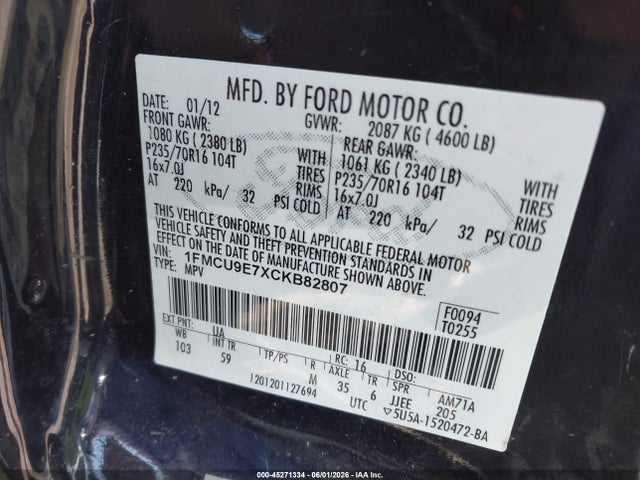 45271334 :رقم المزاد ، 1FMCU9E7XCKB82807 vin ، 2012 Ford Escape Limited مزاد بيع