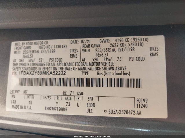 Ford Transit-350 Passenger Van Xlt 2021 1FBAX2Y89MKA52232 Image 9
