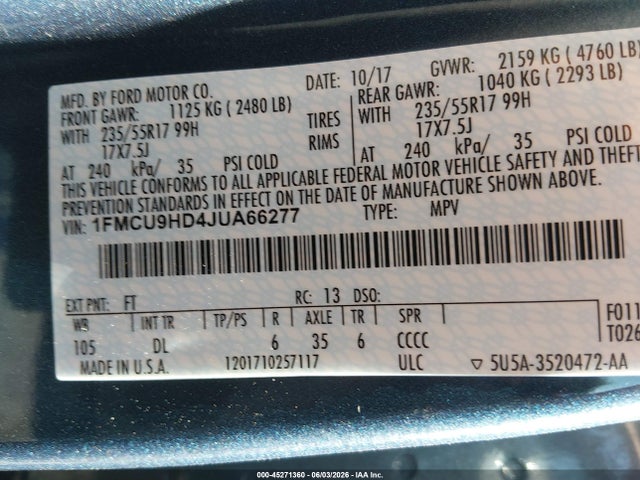 Продажа на аукционе авто 2018 Ford Escape Sel, vin: 1FMCU9HD4JUA66277, номер лота: 45271360