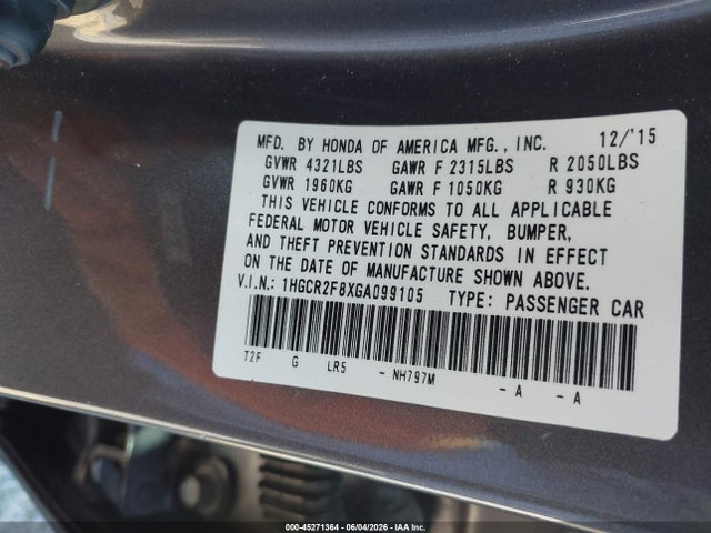 1HGCR2F8XGA099105 Honda Accord Ex-l
