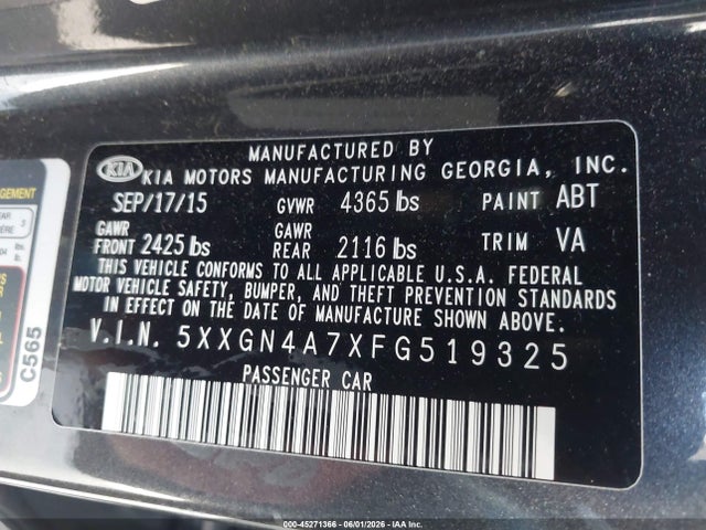 2015 Kia Optima Ex მანქანა იყიდება აუქციონზე, vin: 5XXGN4A7XFG519325, აუქციონის ნომერი: 45271366