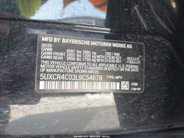 Aukcja sprzedaży 2020 Bmw X5 Sdrive40i, vin: 5UXCR4C03L9C54678, numer aukcji: 45271370